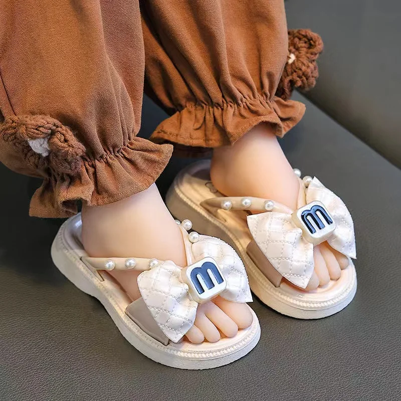 Pantoufles avec nœud papillon pour filles, sandales de plage pour enfants, chaussures de princesse, été, nouveau, 2024