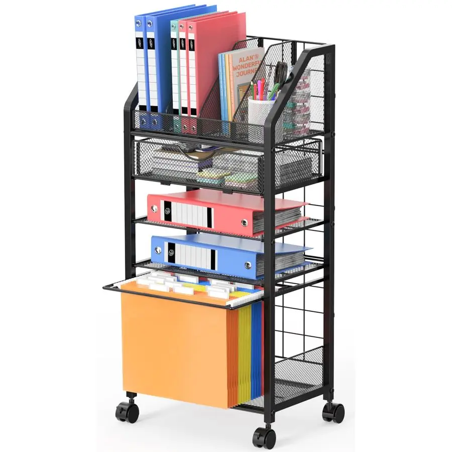 

Tier Rolling File Cart with Drawer, Metal Office File Cart Organization with Sliding Trays, Teacher Carts with Wheels, Paper Let