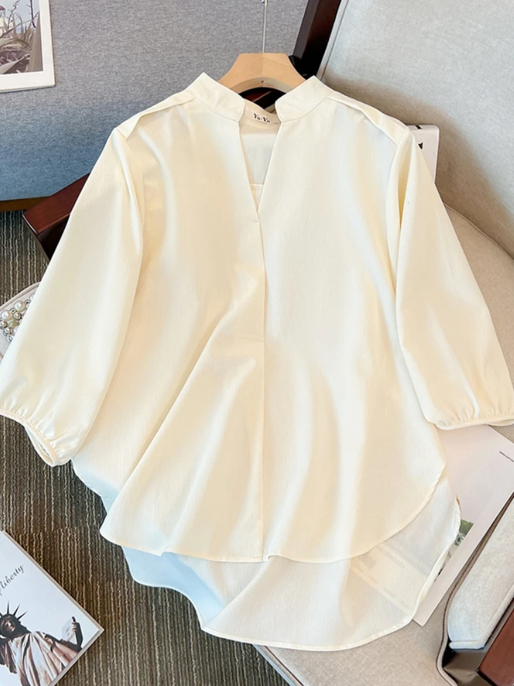 Slimming White Shirt Women's Mid-Sleeve Base Layer Top Conceal Meat Large Size Spring Autumn Design Sense Seven-Armor