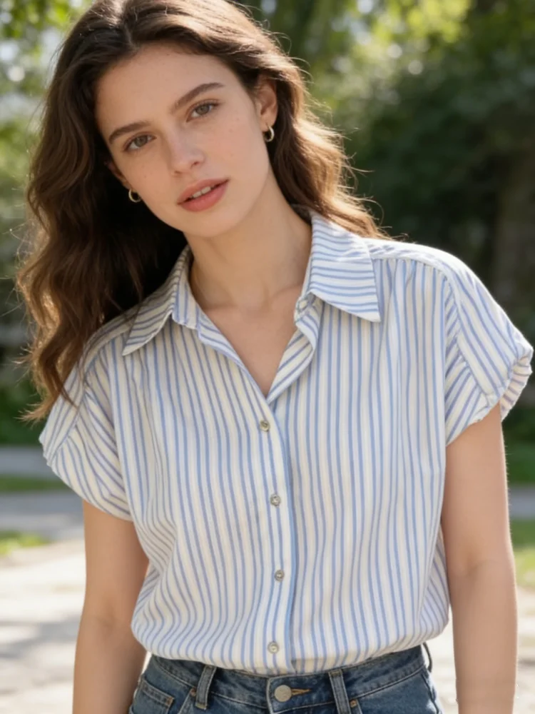 

Новая женская рубашка с коротким рукавом и полосатым принтом 2026 года: летняя модная повседневная блузка для офиса, элегантный топ с отложным воротником