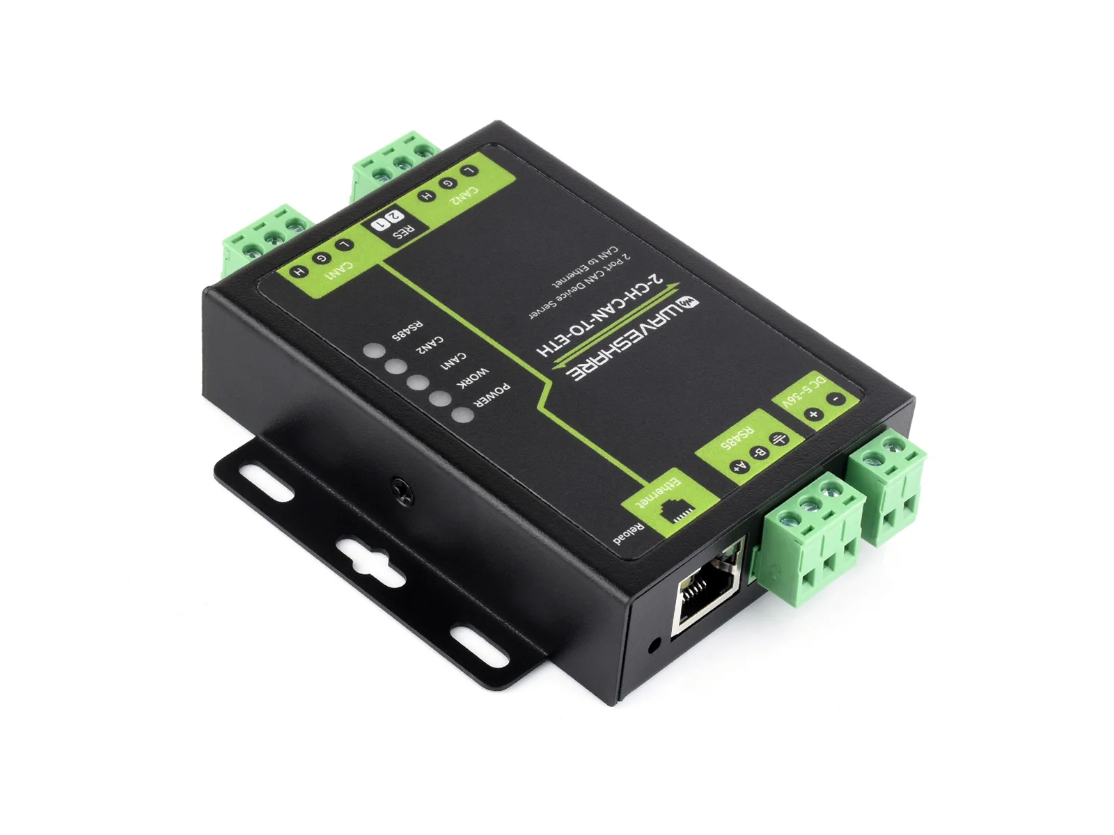 Waveshare Industrial Grade 2-Ch CAN To Ethernet Server, 2-Ch CAN + RS485 + Ethernet Port, Supports CAN Repeater / CAN To RS485