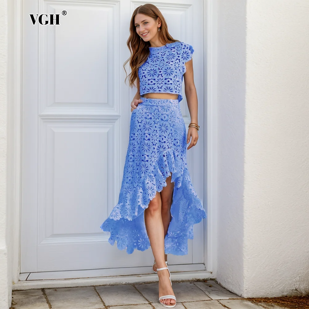 

VGH Hollow Out Two Piece Sets For Women Round Neck Sleeveless Short Vest High Waist Long Skirts Solid Elegant Set Female Style