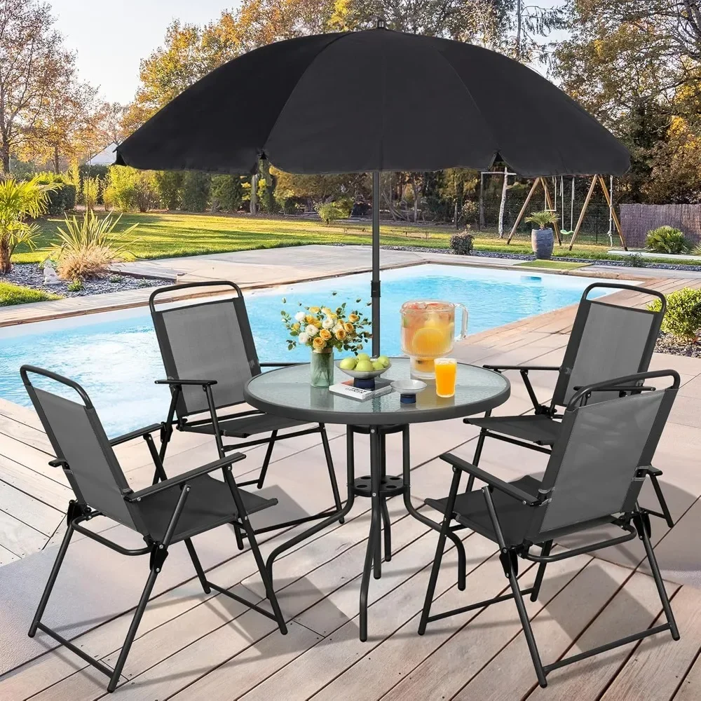 Folding Patio Dining Set,Small Metal Outdoor Garden Patio Table and Chair Set w/Umbrella for Lawn,Deck,Backyard