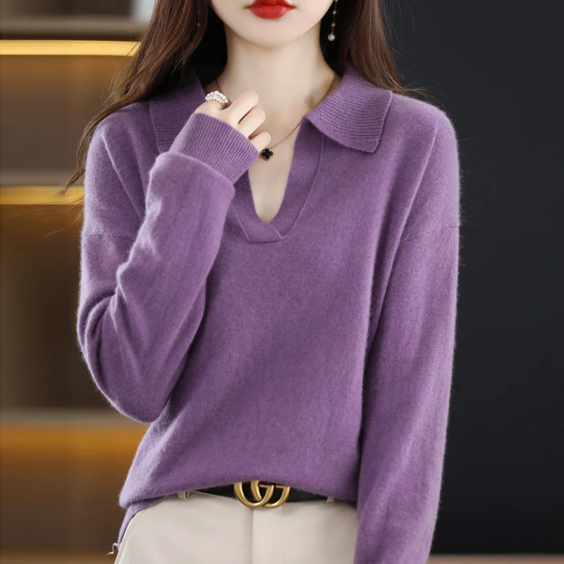 Women 100% Merino Wool Soft Sweater Polo Collar Pullover Casual Knit Sweater Autumn Winter Warm Solid Color Long Sleeve Tops