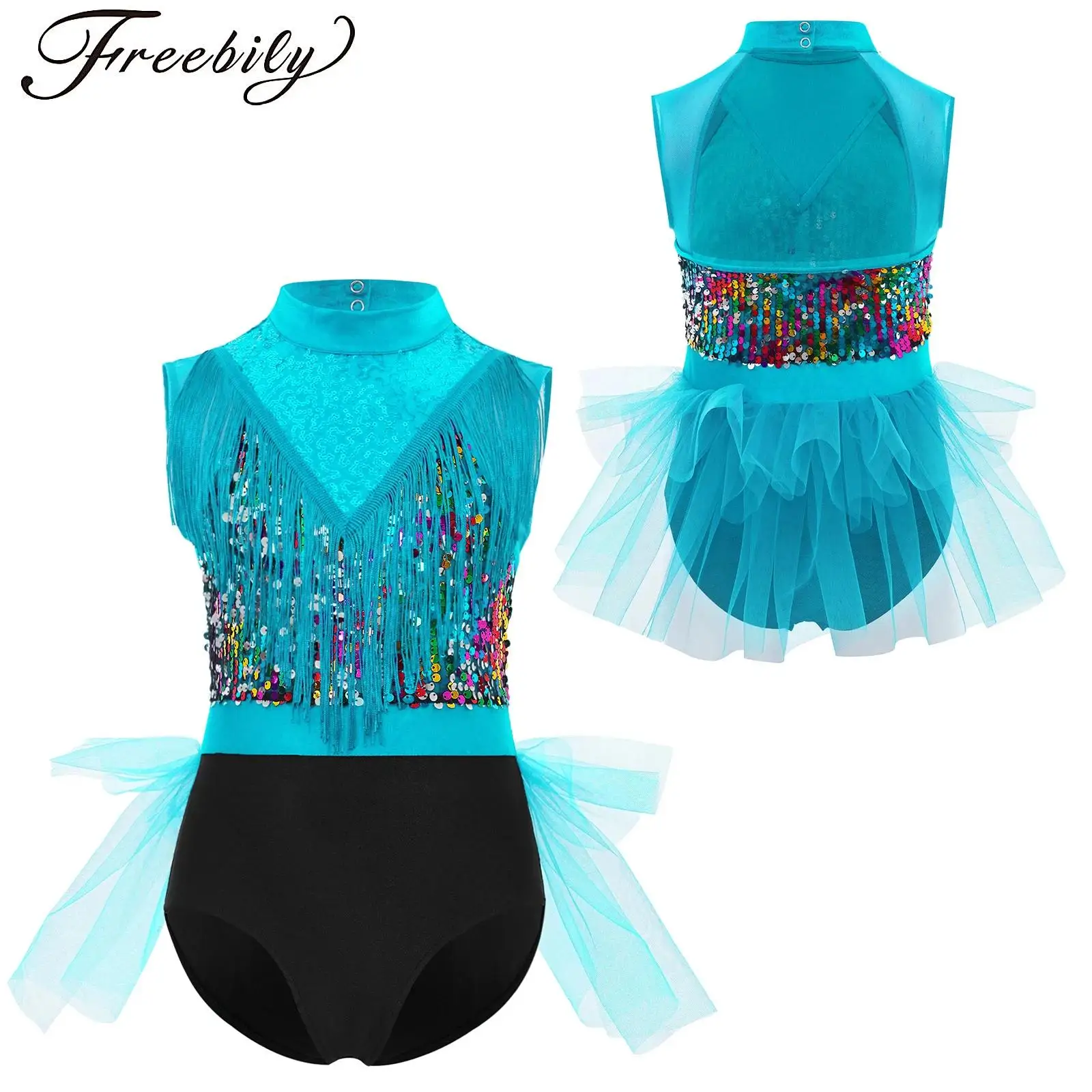 

Girls Ballet Dance Leotard Sleeveless Sequin Tassels Feather Tutu Skirt Bodysuit Gymnastics Figure Skating Latin Jazz Dancewear