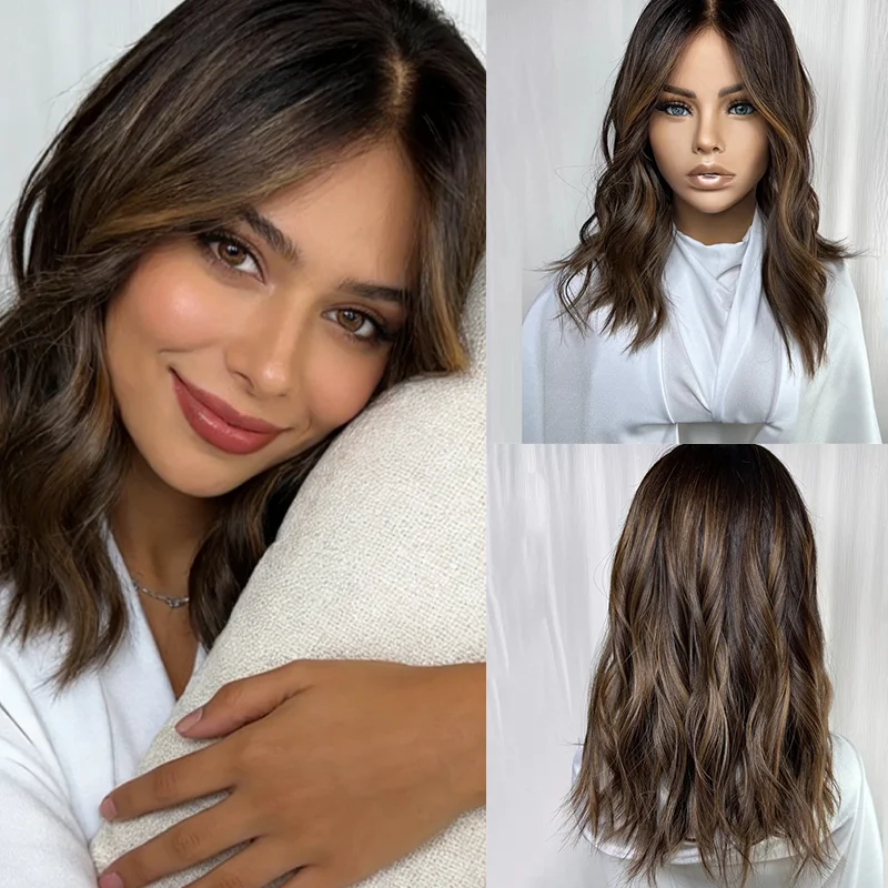 Loose WAve Glueless Lace Wigs Blonde Brown Highlight Natural Hairline 13x4 Lace Front Wigs 16inchs Synthetic Mix 5% Human Hair