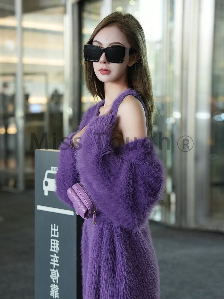 Purple Kawaii New Two Piece Set Women Korean Sweet Sexy Party Fluffy Dress Suit Female Solid Loose Coat + Casual Mini Dress 2024