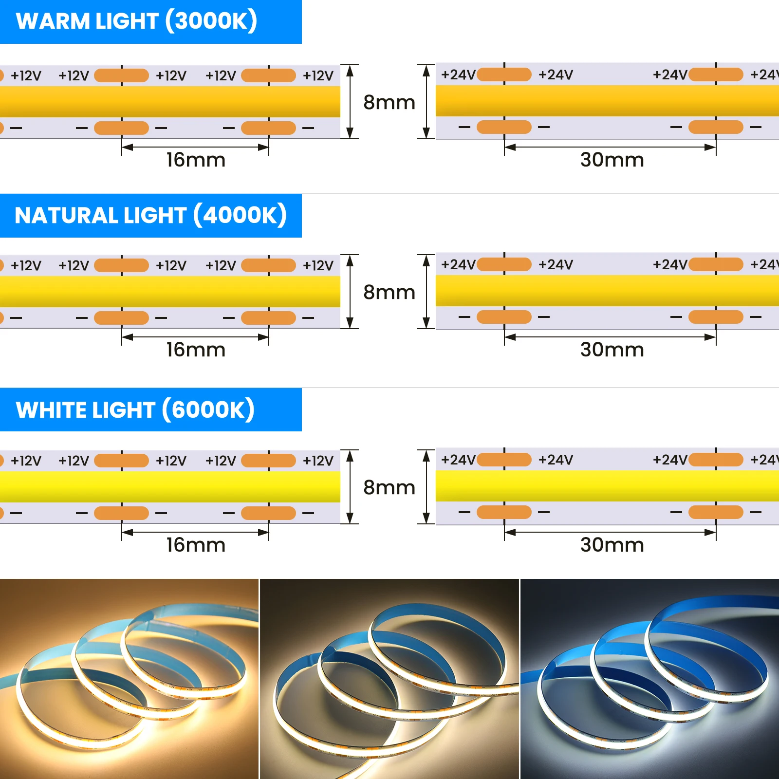 8mm COB LED Strip 528LEDs/m High Brightness Flexible DC12V/24V Linear Light Bar High Density Warm Natural White With Power Plug