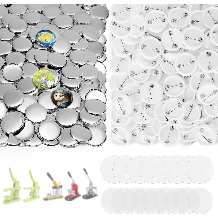 

200 комплектов 1,25-дюймовых принадлежностей для изготовления пуговиц 32 мм, круглые детали бейджей с металлическими крышками, пластиковые задние части булавок, прозрачная пленка, пустая бумага, Perf