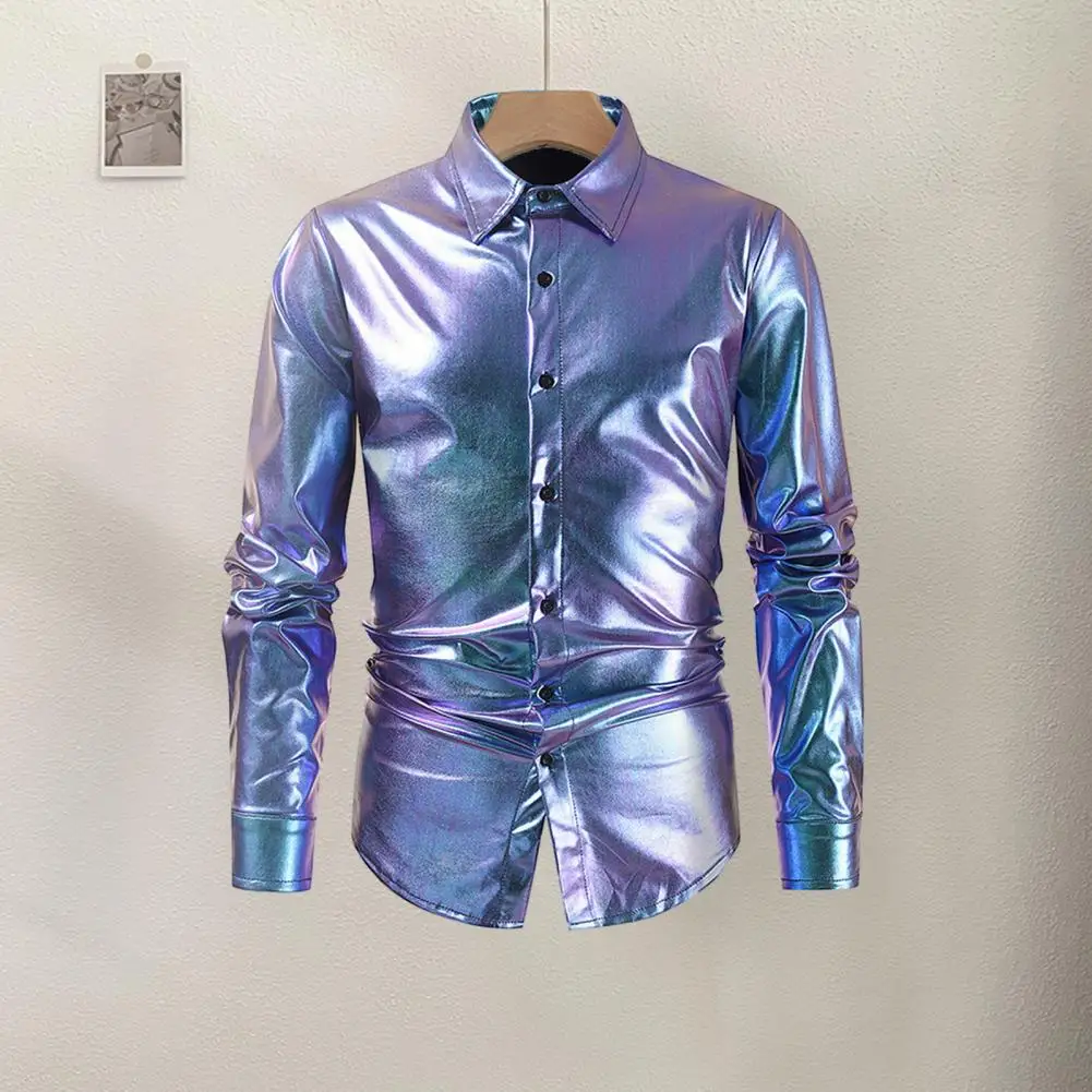 Men Relaxed Fit Shirt Men Top Men\'s Glossy Satin Performance Shirt with Turn-down Collar Single-breasted Design for Club Party