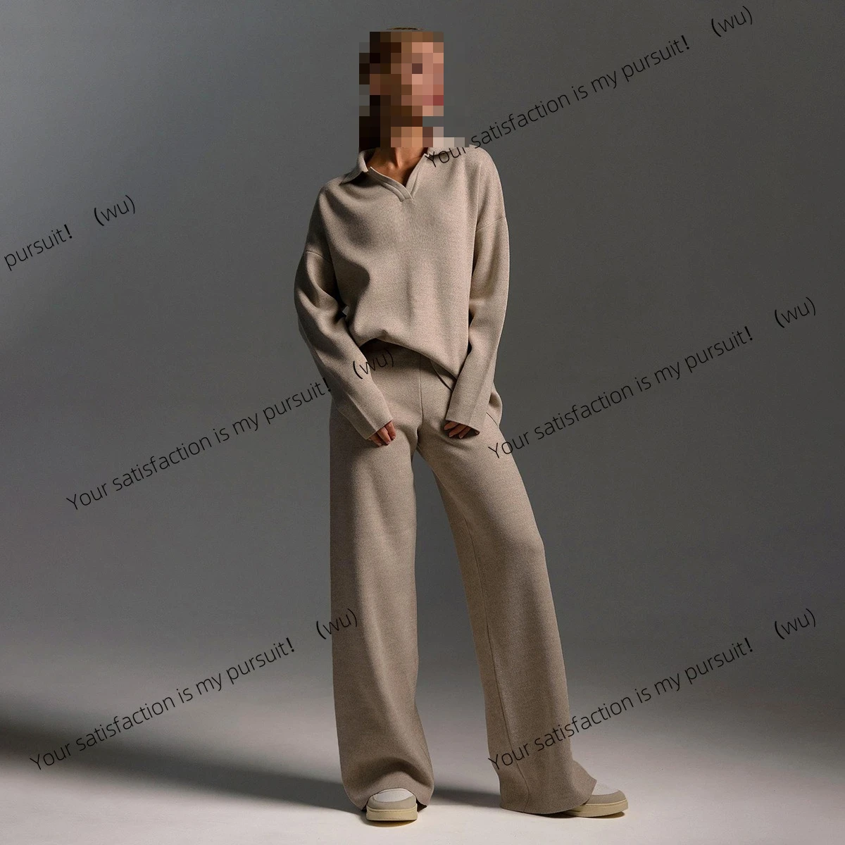 

Вязаный комплект Европейский и американский осенне-зимний свитер, вязаный джемпер с воротником-поло + широкие брюки, комплект из двух предметов