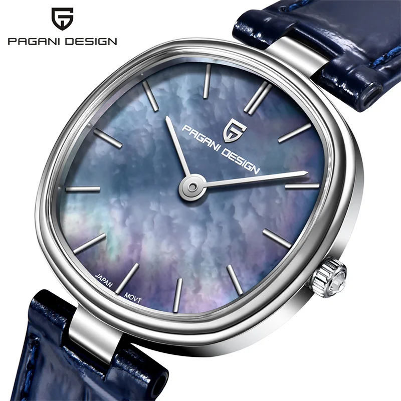 PAGANI DESIGN PD-1825 Women Quartz Watch Miyota GL22 Purple Mother of Pearl Dial Sapphire Glass Navy Blue Leather Strap Ladies
