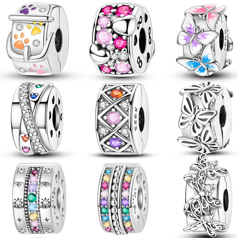 925 Silver Colorful Zircon Stars Butterfly Safety Buckle Separator Charms Beads Fit Pandora Original Bracelet Fine DIY Jewelry