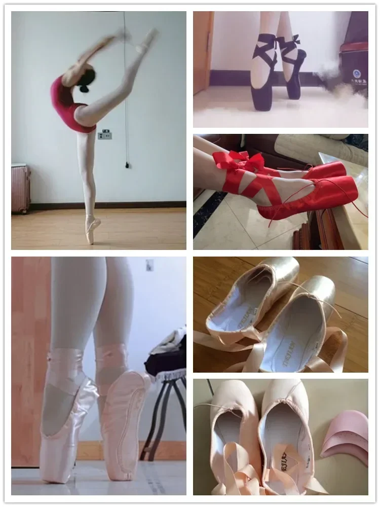 TIEJIAN Scarpe da punta per balletto professionale Tela Raso Rosa Nero Rosso Scarpe da ballerina per spettacoli di danza con puntale per balletto