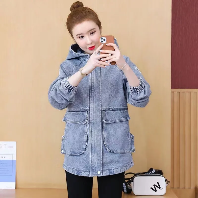 2023 New Autumn Denim Jacket Coat Women Long Sleeves Vintage Windbreaker Female Long Jean Jacket Loose Outerwear Tops 4XL