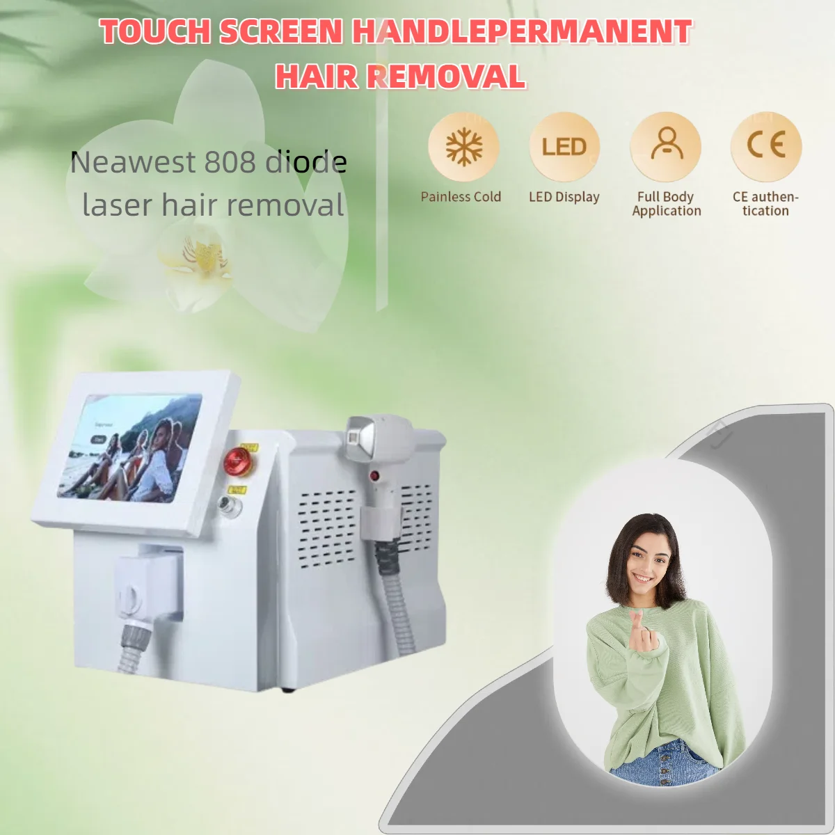 Profesjonalne urządzenie do depilacji laserowej, wysoce skuteczne urządzenie do depilacji laserowej, trwałe depilacja laserowa z punktem zamrażania, bezbolesna depilacja.