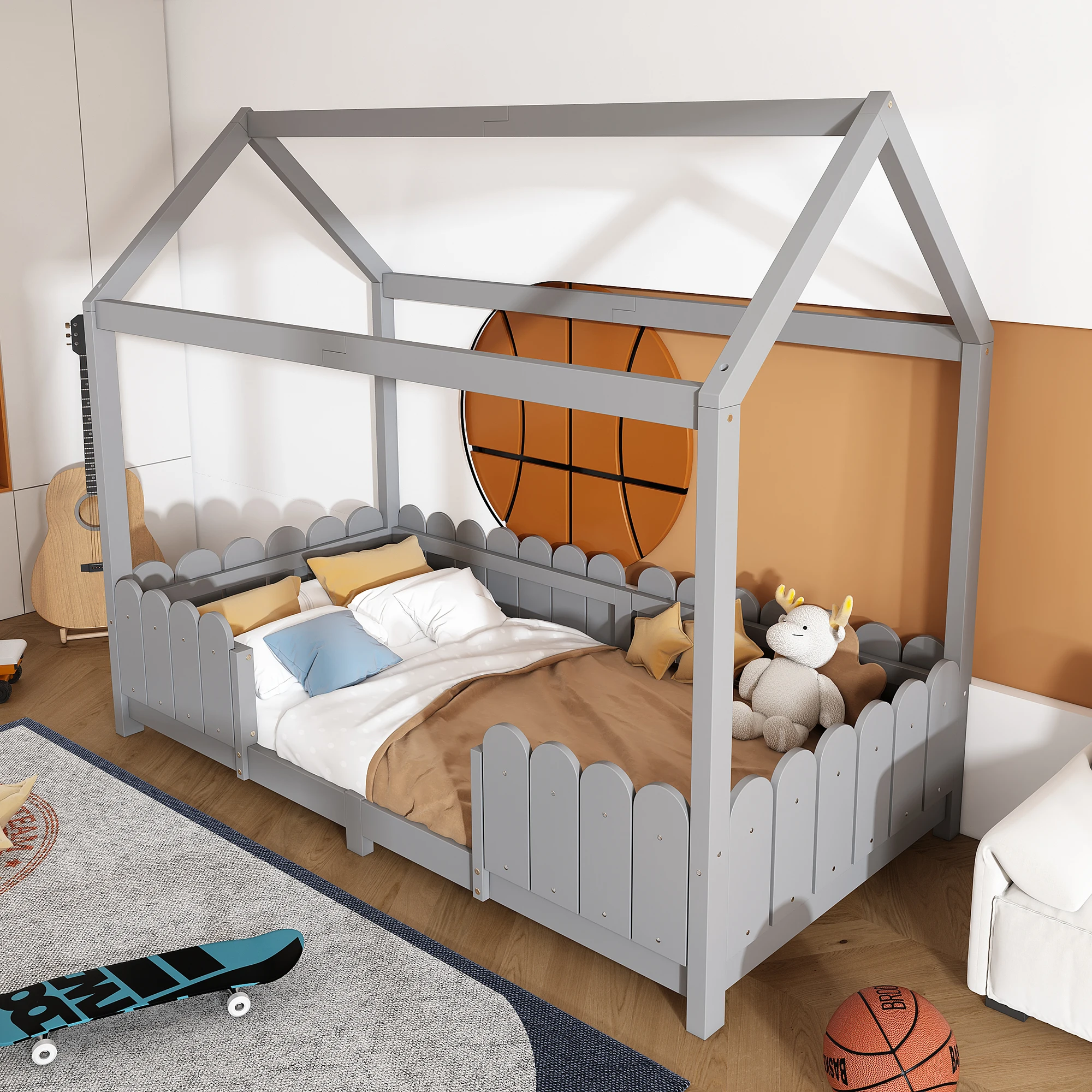 Litenfant 90x200 cm - Lit cabane avec barrières et sommier inclus, structure en bois de pin, sans matelas, gris
