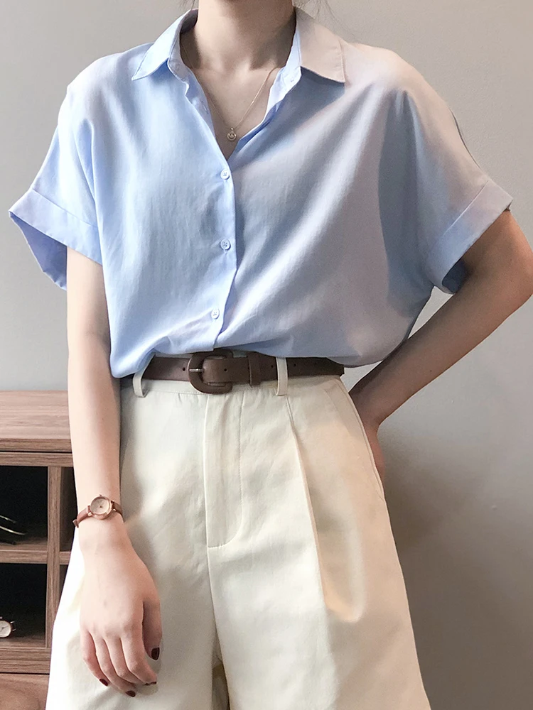 

Pure Cotton Blue ort Sve Women's irt Summer Thin Loose Profional Clothing Drapey Comfortable Korean Sle Ne
