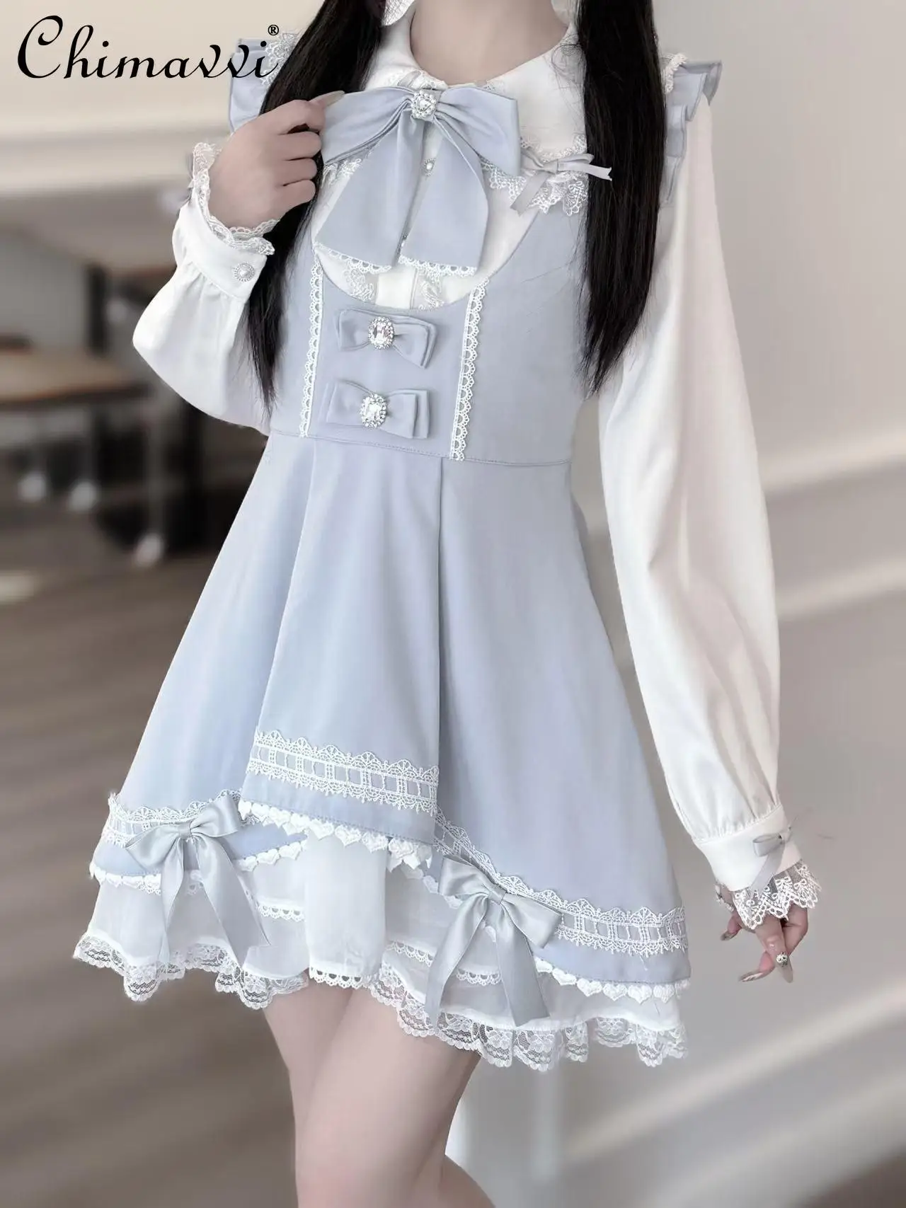 

Japanese Mine Mass Production Sweet Cute Rabbit Ear Bow Long Sleeve Shirt Slim Cake Strap Dress Y2k Women's Lolita Dress Set