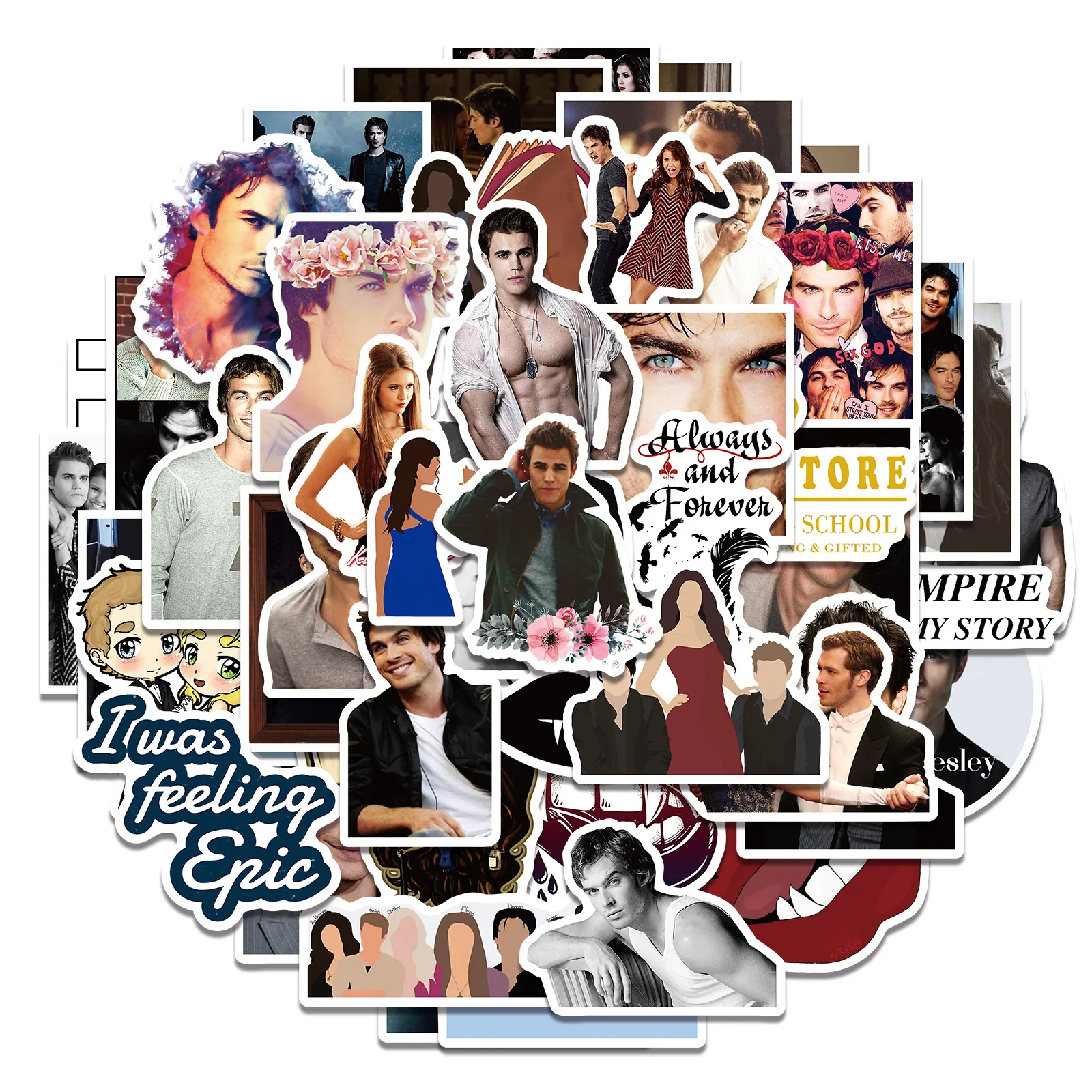 50 قطعة المسلسل التلفزيوني الأمريكي الشعبي يوميات مصاص الدماء الكتابة على الجدران ملصقات الأمتعة أجهزة الكمبيوتر المحمولة القيثارات دفتر ملصقات مقاومة للماء