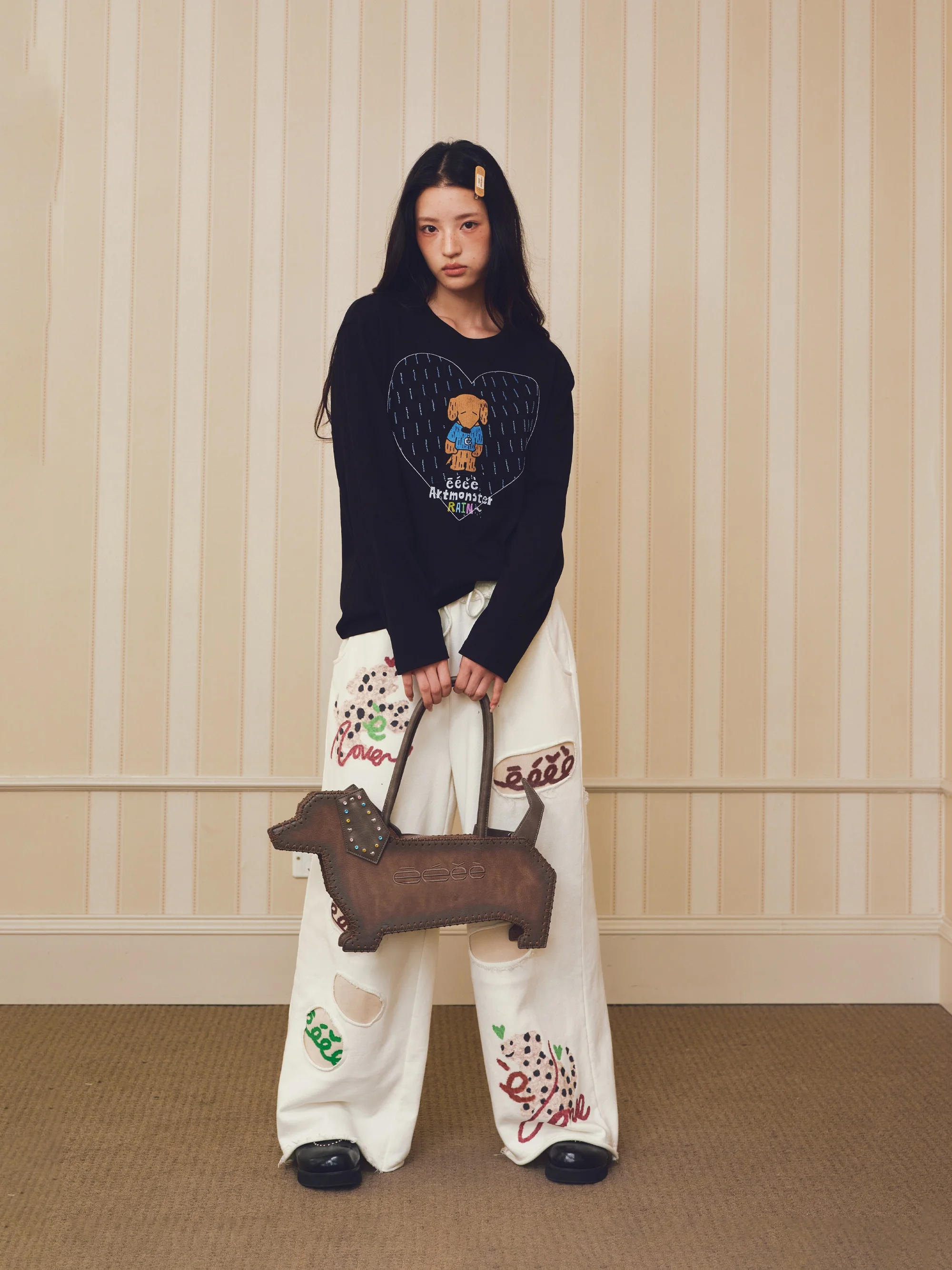 Hand-Drawn Graffiti Print Long Sleeve T-Shirt Bead Embroidery Base Layer Shirt for Men And Women Standard Fit round Neck Design