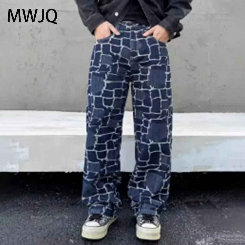 

MWJQ Paris Style Jeans Male Fashion Jacquard Design Streetwear Spring Autumn American Blue Hamdsome Straight Trousers 010275