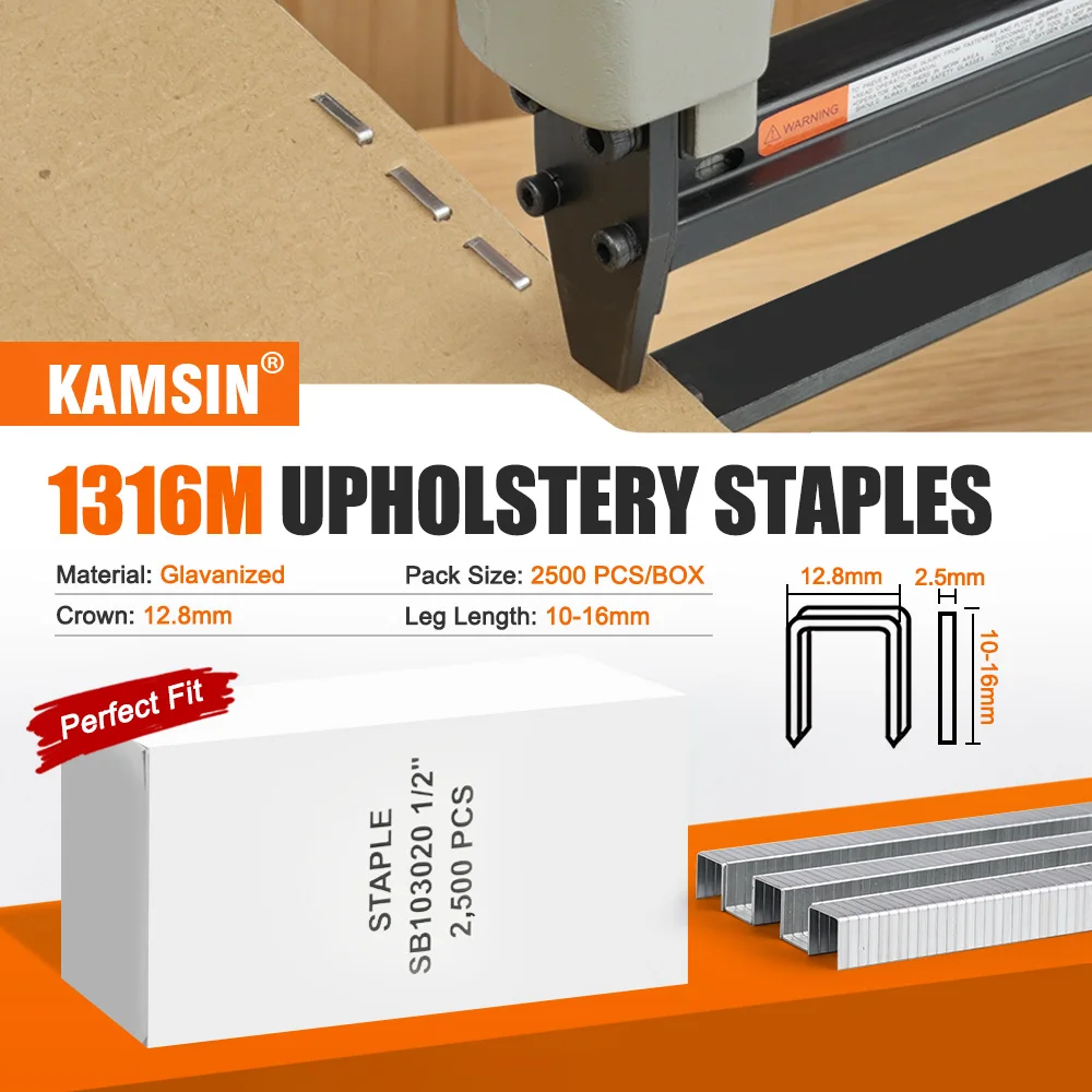 KAMSIN 1316M Galvanized Upholstery Staples 12.8mm Crown 10-16mm Leg 2500PCS U-Type Nail For Sofa Repair Paper Box Packaging