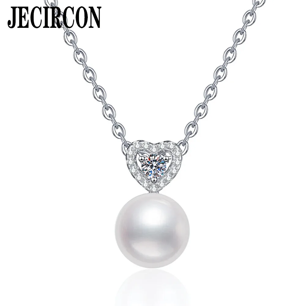 

JECIRCON S925 Sterling Silver Necklace for Women 0.1ct Moissanite 10MM Freshwater Pearl Pendant Love Princess Necklace Versatile