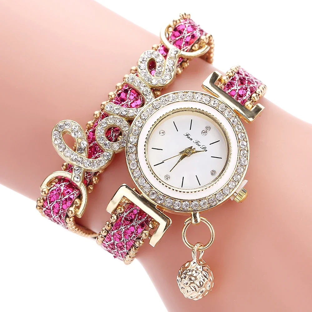 Hot Sale Fashion Love Style Rhinestone Wrap Leather Women Wrist Watch women watches luxury