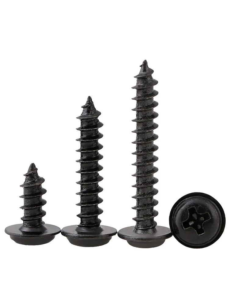 100/200pc M1.2 M1.4 M1.7M2 M2.6 M3M4 Phillips Round Head Self Tapping Screw With Washer Black Pan  Heads Cross Screws Woodworker