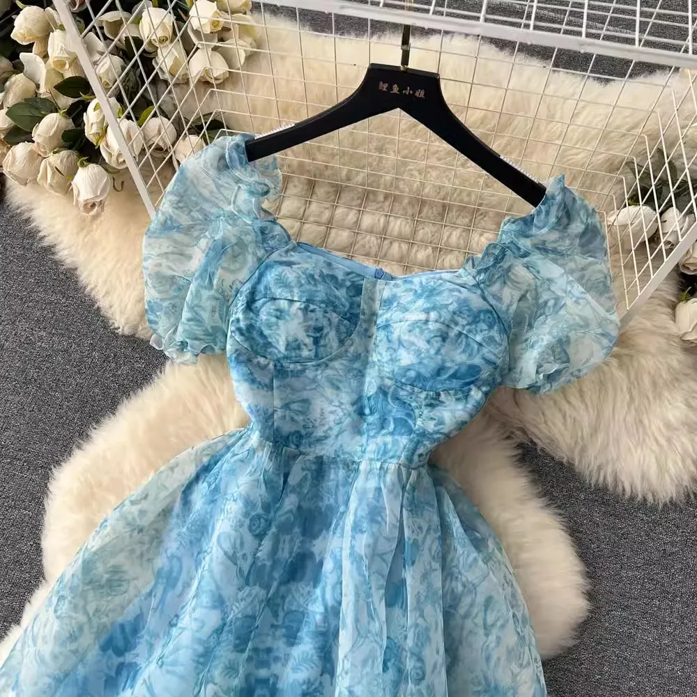 Eleganckie lato z wybiegu siatka wakacyjna długa sukienka Retro damska Puff krótki kwiatowy nadruk falbany wysoki stan Boho Vestidos