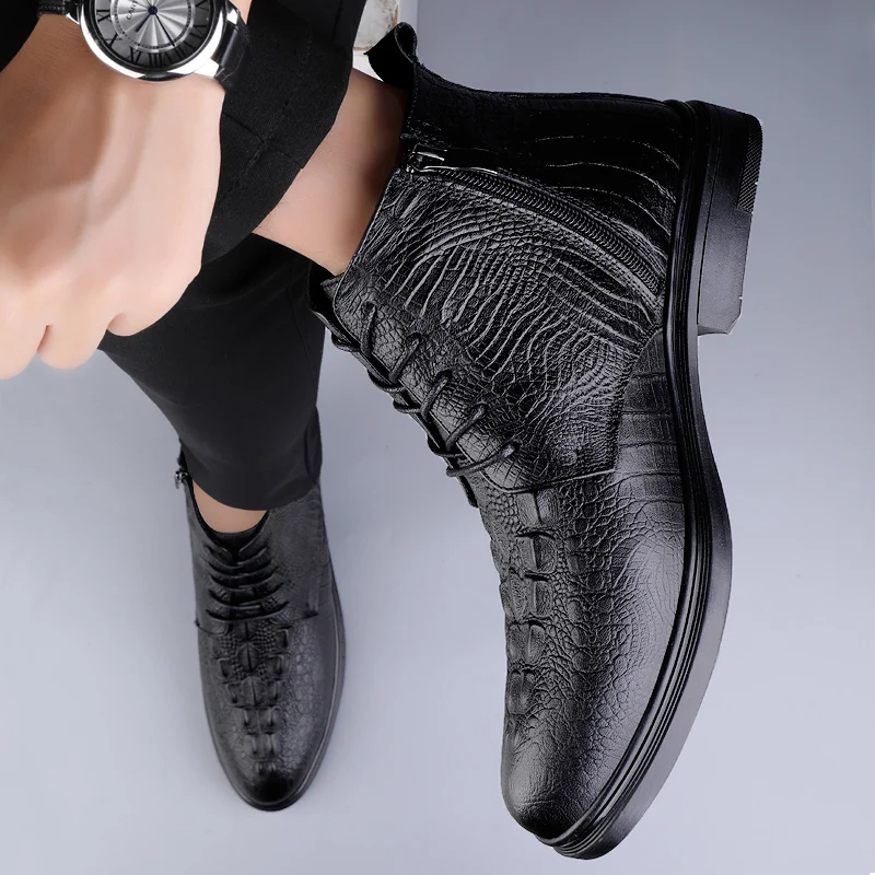 

Модные повседневные ботинки из крокодиловой кожи с узором, роскошные брендовые деловые ботинки из натуральной кожи, зимние мужские высокие элегантные теплые ботинки