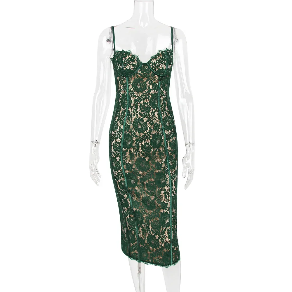 Sommer Langes Elegantes Kleid Für Formelle Anlässe Grün Spaghettiträger Sexy Spitzenkleid Vintage Geburtstagsparty Kleider 2025