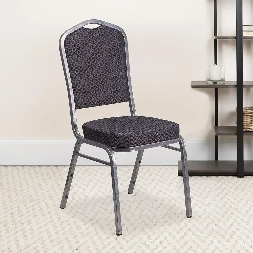 4 Pack Black Fabric Crown Back Stackable Banquet Chairs with Silver Vein