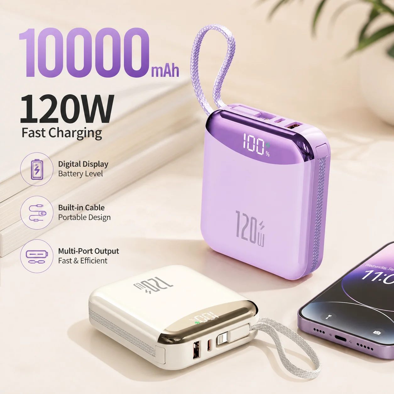 66W Fast Charging Power Bank 10000mAh Mini Portable Charger External Battery Pack for iPhone Xiaomi Huawei Samsung