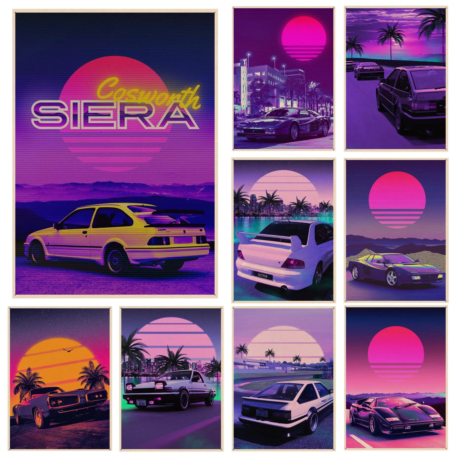 Tokyo Street Racing Synthwave Neon 80S Anime Posters Kraft Paper Prints and Posters Stickers Wall Painting