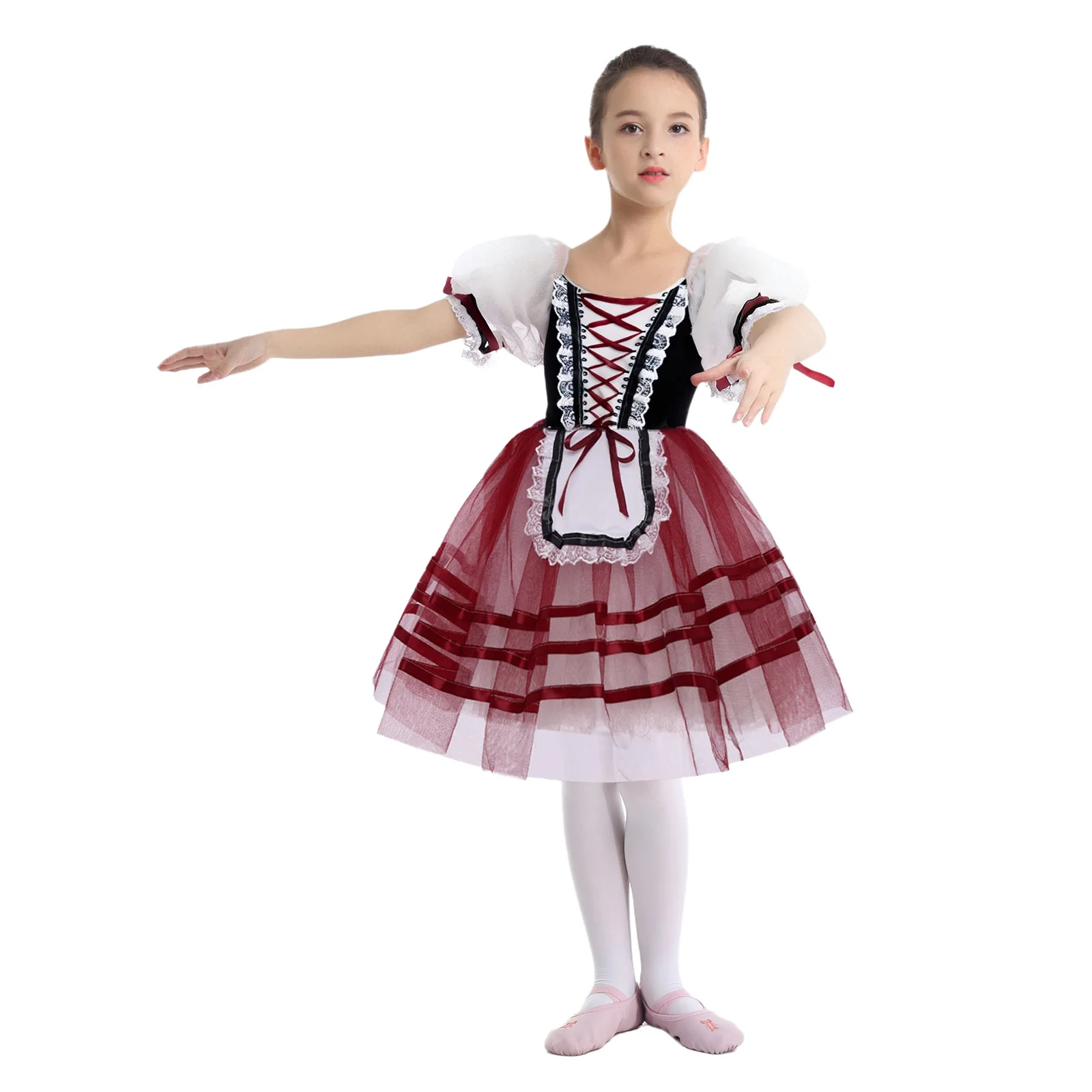

Kids Girls Ballet Dance Tutu Dress Puff Sleeve Lace Trim Lace-up Velvet Patchwork Bodice Layered Dress Stage Performance Costume