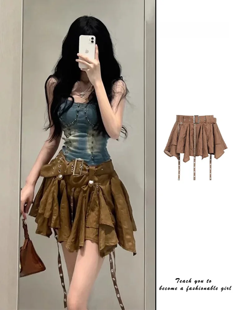 

Retro Aalyptic Sle Asymmetrical Pleated Skirt for Women Summer 2025 New Spicy Girl Sa Heavy Work ort Skirt
