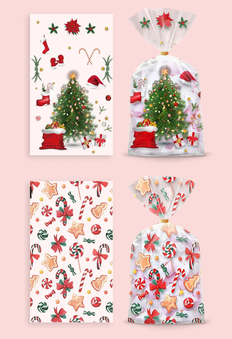 50 Stück wiederverwendbare Weihnachtsgeschenktüten mit goldenem Band – Muster für Weihnachtsmann/Rentier/Bäume/Holly/Süßigkeitstangen, für Weihnachten – Detail 2