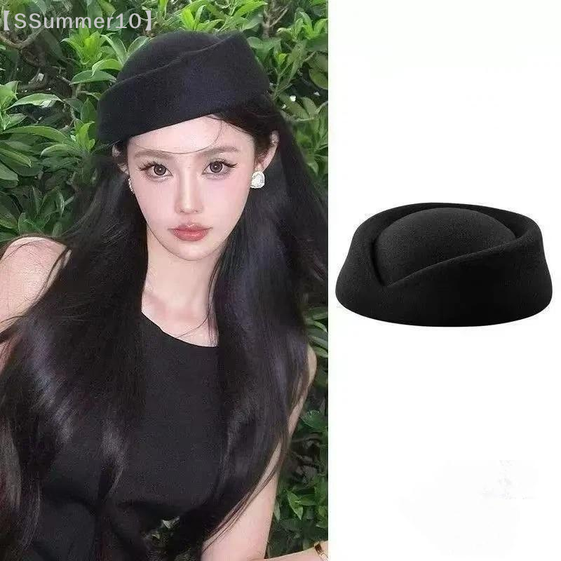  【SSummer10】Beret Hat Caps Airline Stewardess Flight Attendant Vintage Hat Black Flat Top Hat Hair Clip Hair Accessories【SS】 