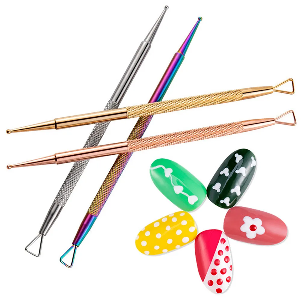 

4Pcs Multi Functional Nail Art Pen Triangle Cuticle Pusher Dotting End Stainless Steel Manicure Tools for Dead Skin Removal DIY