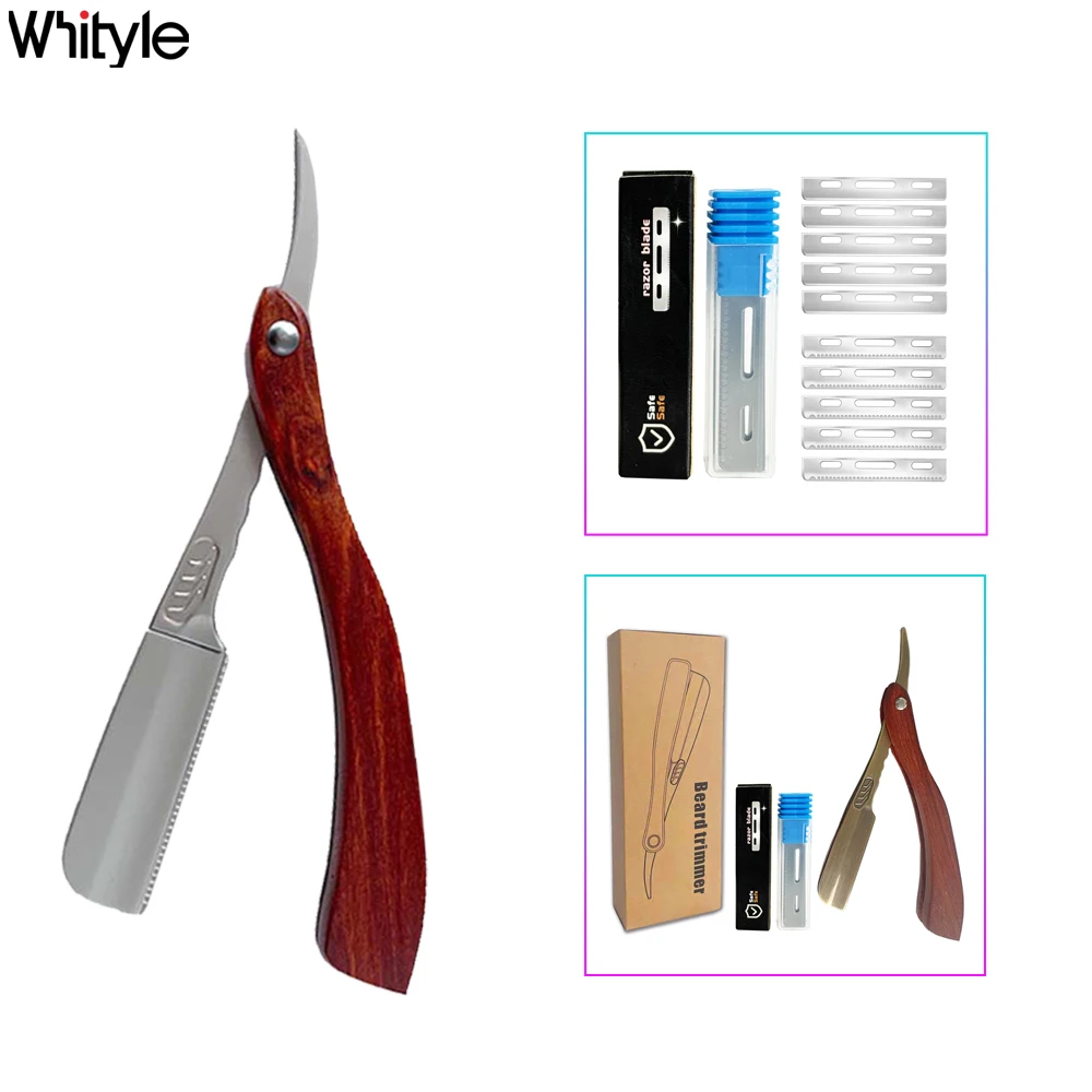 

Whityle 02G Beard Trimmer Wooden Folding Straight Razor With 10 Replaceable AC Blade Metal Shaving Knife For Beginner & Barber