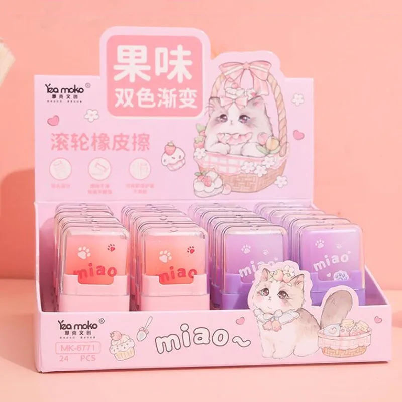 

24 pcs/lot Kawaii Cat Gradient Roller Eraser Cute Writing Drawing Rubber Pencil Erasers Stationery For Kids Gifts School Supply