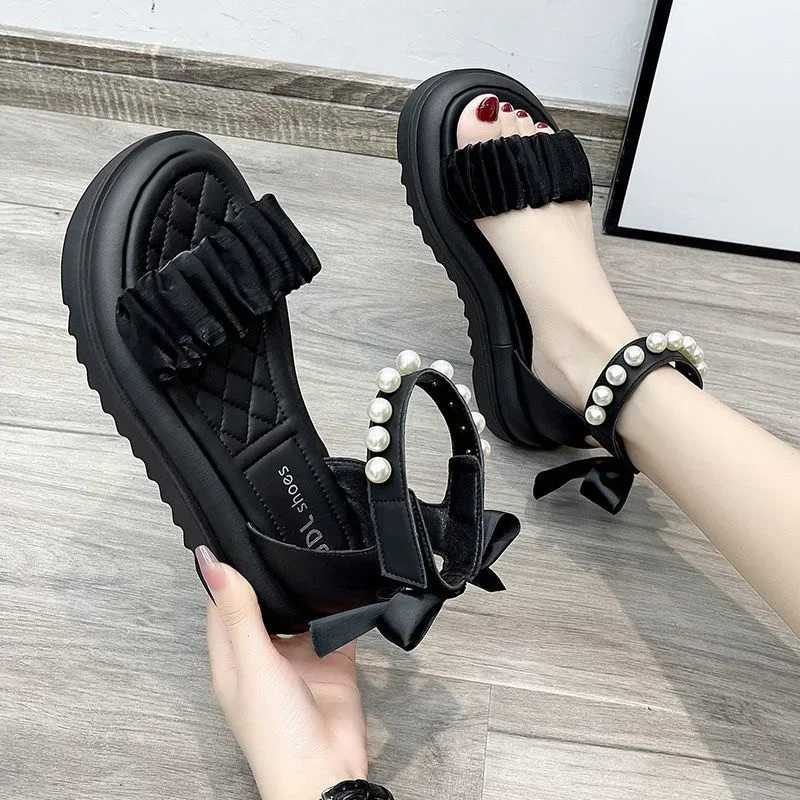 2024 Summer Fashionable Casual and Comfortable Girls Casual Open-Toe Thick-soled Beaded Straight-Bow Wear-Resistant Sandals