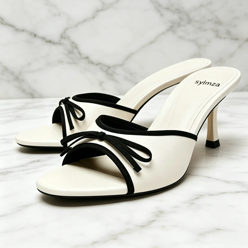 Fashion Bow Detail Heeled Sandals Women High-quality Pointed Toe Open-toe Slippers for Ladies Street Style Brand Designer Shoes