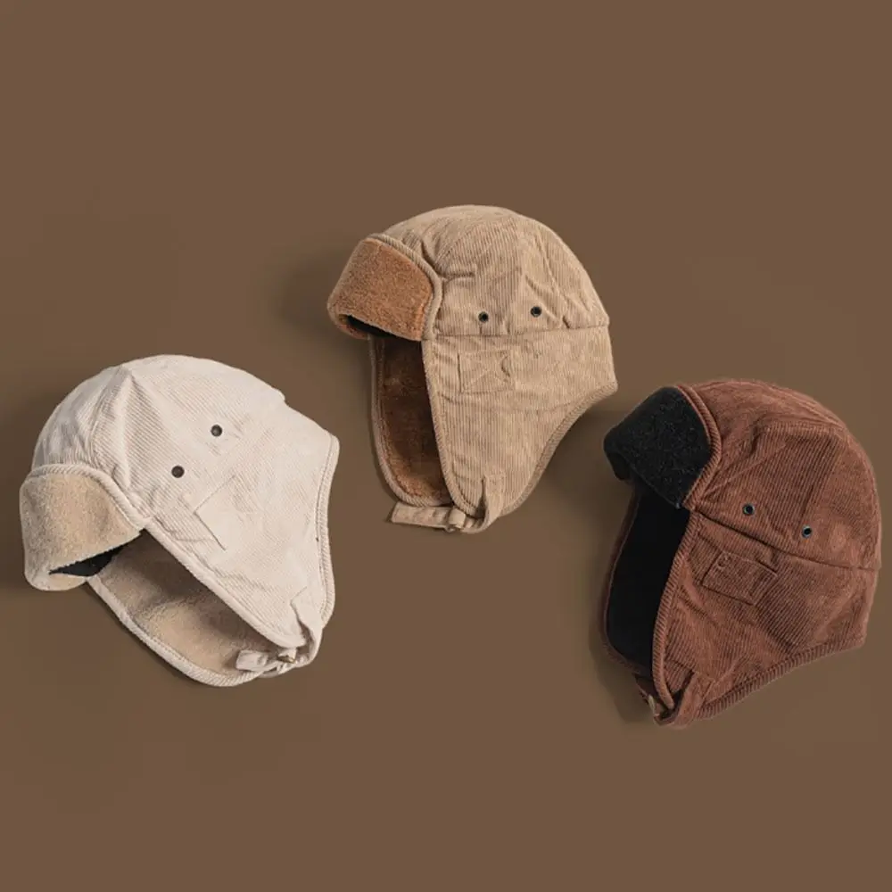 

Casual Corduroy Winter Bomber Hat Windproof Warm Winter Ski Cap Ear Protection Thickened Snow Cap Outdoor