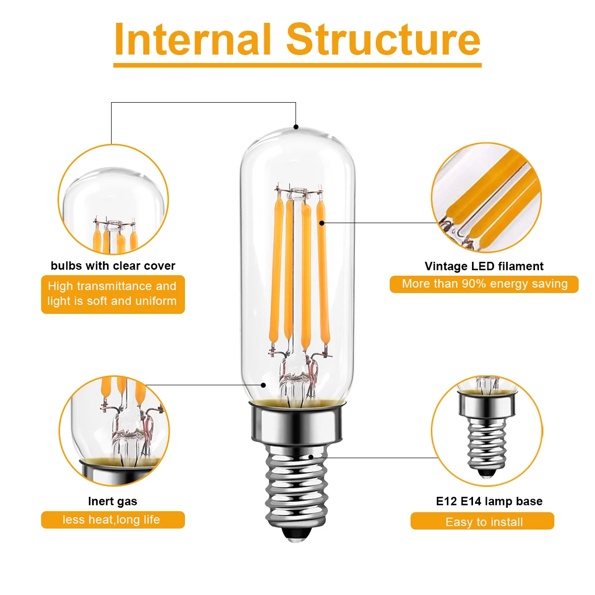 Genixgreen Tubular Led Bulbs 4W T25 T6 Vintage Dimmable E12 E14 Warm White 2700K Edison Light Bulb For Chandeliers Ceiling Fan