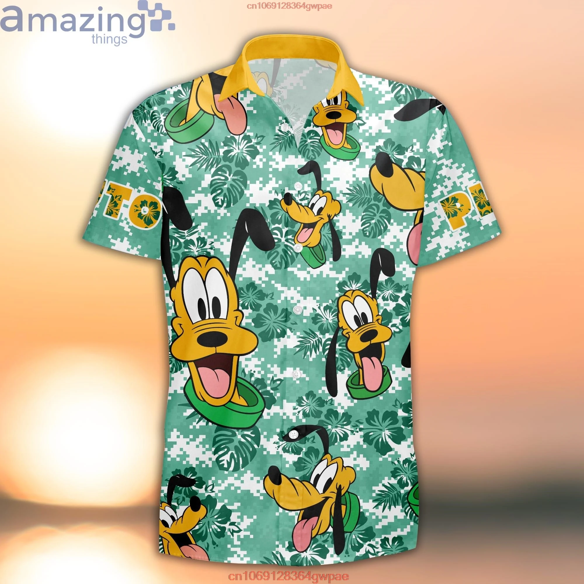 Pluto Dog Orange Green Strips Summer Tropical Disney Hawaiian Shirt