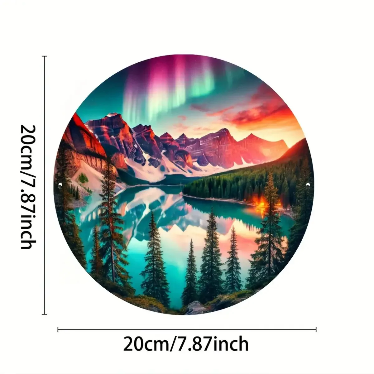 Northern Lights Mountain Lake Scenery 2D Round Tin Sign, Aurora Wilderness Landscape Metal Wall Plaque, Nature Decor For Cabin H