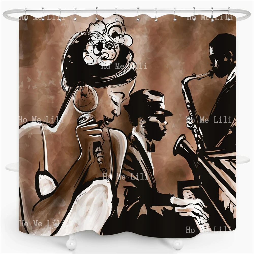 American Woman Jazz Shower Curtain African Black Girl Singing Jazzist Afrocentric Art Grunge Style Bathroom Decor